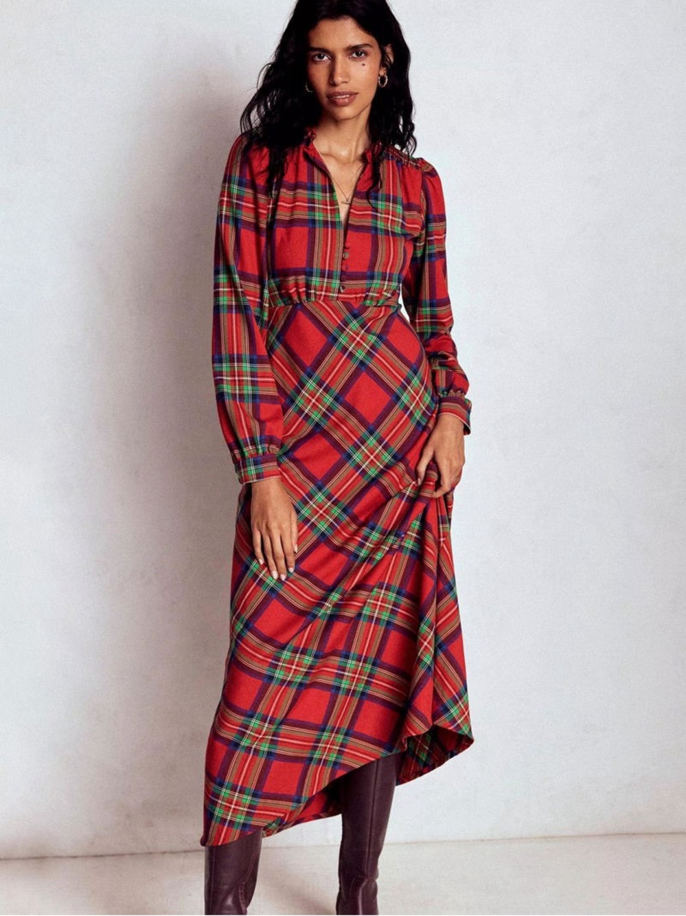 Boden Cassie Check Tea Dress - Red Tartan Plaid Long Sleeve Dress